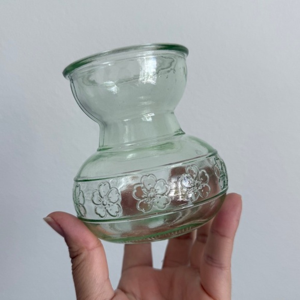 Vintage Green Glass Hyacinth Bulb Forcing Vase Embossed Floral Cottagecore Motif